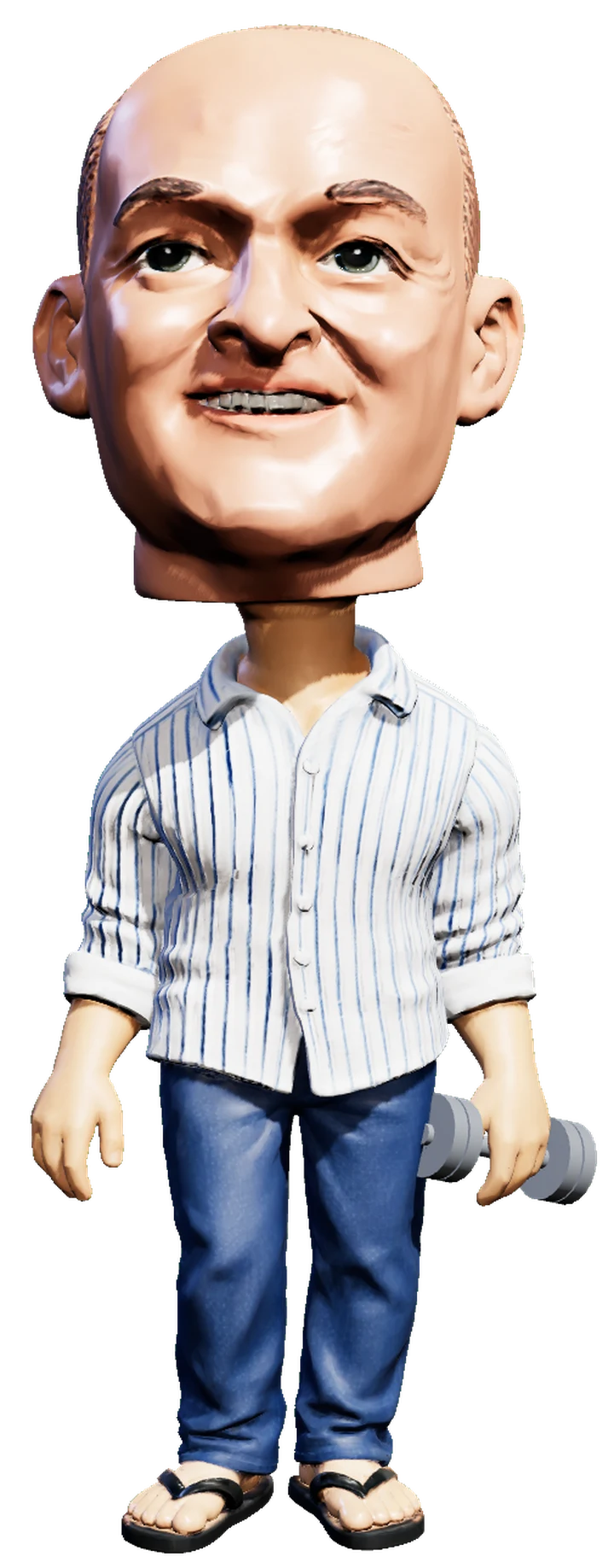 Lil Chris, a bobblehead in a striped shirt, jeans and flip-flops, holding a dumbbell