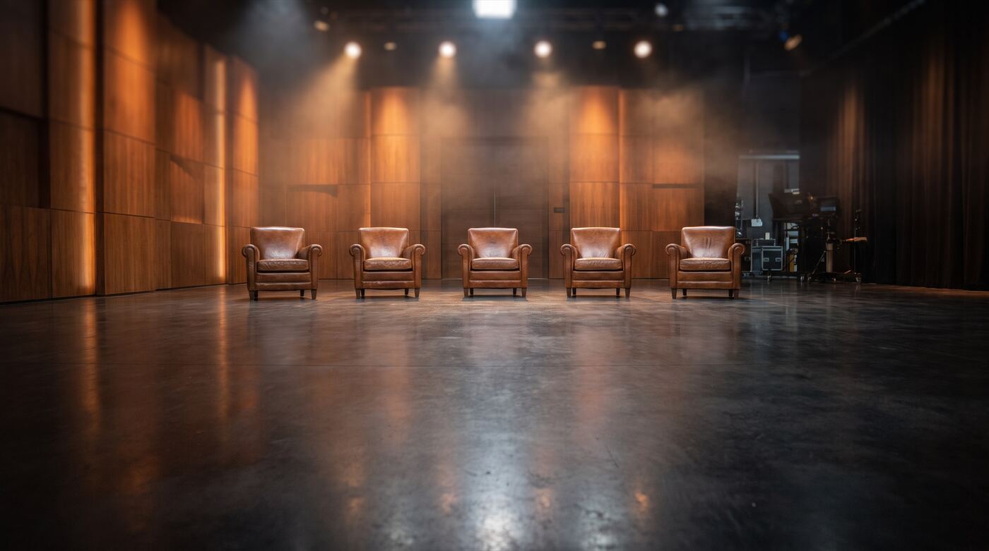 A Shark Tank style pitch set with five leather chairs